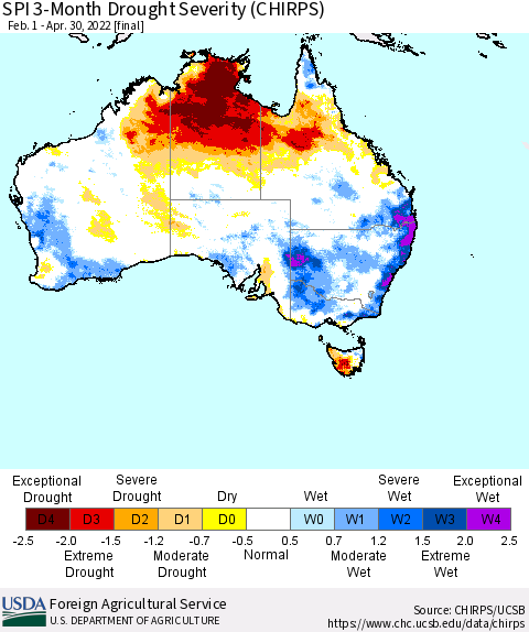 Australia SPI 3-Month Drought Severity (CHIRPS) Thematic Map For 2/1/2022 - 4/30/2022