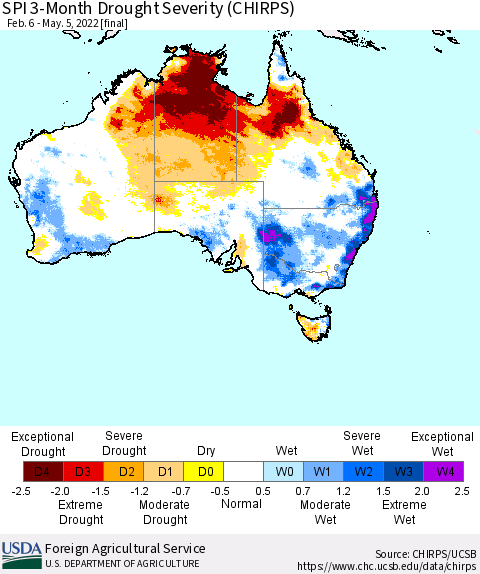Australia SPI 3-Month Drought Severity (CHIRPS) Thematic Map For 2/6/2022 - 5/5/2022