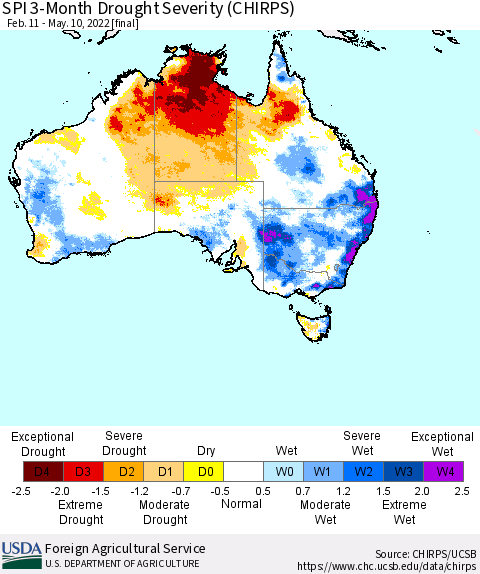 Australia SPI 3-Month Drought Severity (CHIRPS) Thematic Map For 2/11/2022 - 5/10/2022