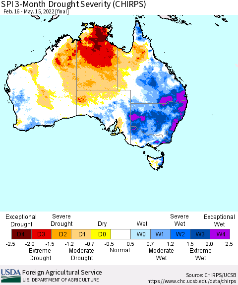 Australia SPI 3-Month Drought Severity (CHIRPS) Thematic Map For 2/16/2022 - 5/15/2022