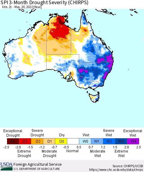 Australia SPI 3-Month Drought Severity (CHIRPS) Thematic Map For 2/21/2022 - 5/20/2022