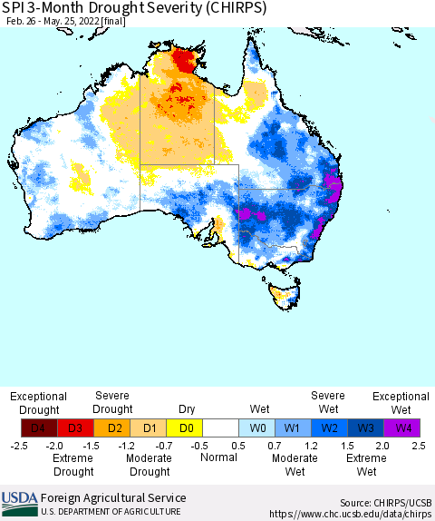 Australia SPI 3-Month Drought Severity (CHIRPS) Thematic Map For 2/26/2022 - 5/25/2022