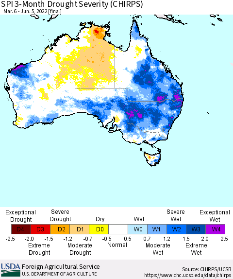 Australia SPI 3-Month Drought Severity (CHIRPS) Thematic Map For 3/6/2022 - 6/5/2022