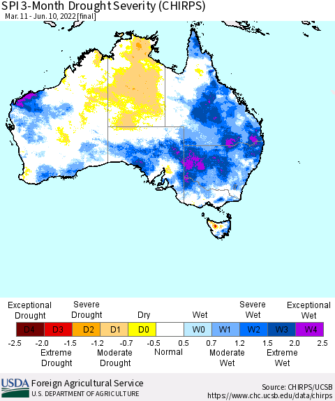 Australia SPI 3-Month Drought Severity (CHIRPS) Thematic Map For 3/11/2022 - 6/10/2022
