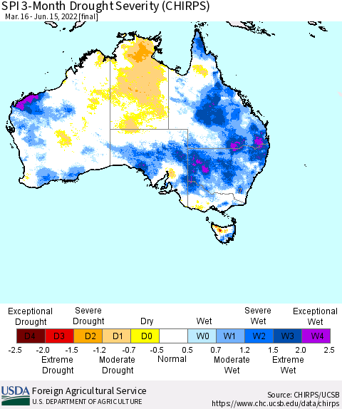 Australia SPI 3-Month Drought Severity (CHIRPS) Thematic Map For 3/16/2022 - 6/15/2022