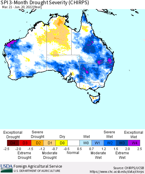 Australia SPI 3-Month Drought Severity (CHIRPS) Thematic Map For 3/21/2022 - 6/20/2022