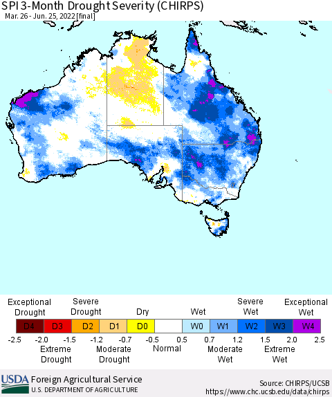 Australia SPI 3-Month Drought Severity (CHIRPS) Thematic Map For 3/26/2022 - 6/25/2022