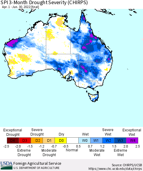 Australia SPI 3-Month Drought Severity (CHIRPS) Thematic Map For 4/1/2022 - 6/30/2022
