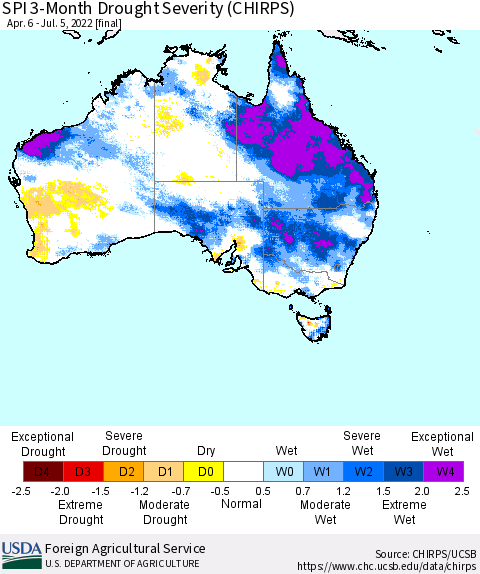 Australia SPI 3-Month Drought Severity (CHIRPS) Thematic Map For 4/6/2022 - 7/5/2022