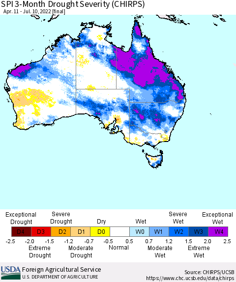 Australia SPI 3-Month Drought Severity (CHIRPS) Thematic Map For 4/11/2022 - 7/10/2022