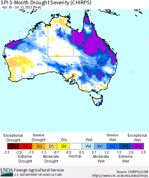 Australia SPI 3-Month Drought Severity (CHIRPS) Thematic Map For 4/16/2022 - 7/15/2022