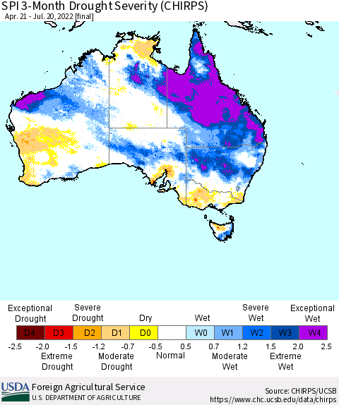 Australia SPI 3-Month Drought Severity (CHIRPS) Thematic Map For 4/21/2022 - 7/20/2022