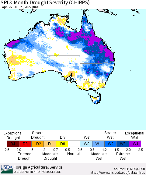 Australia SPI 3-Month Drought Severity (CHIRPS) Thematic Map For 4/26/2022 - 7/25/2022