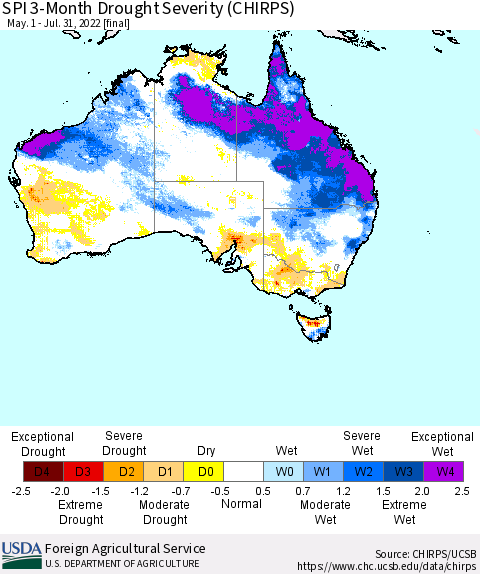 Australia SPI 3-Month Drought Severity (CHIRPS) Thematic Map For 5/1/2022 - 7/31/2022