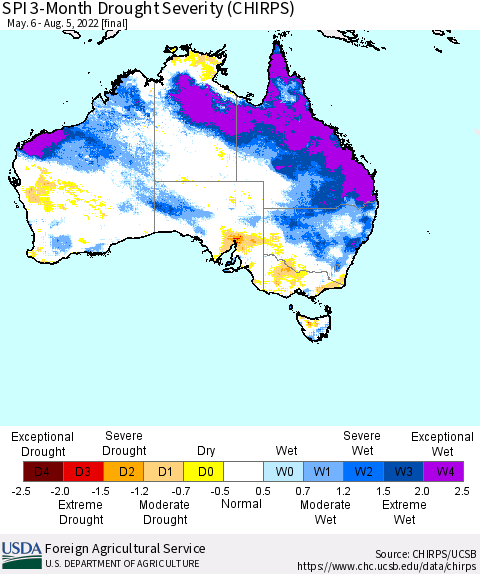 Australia SPI 3-Month Drought Severity (CHIRPS) Thematic Map For 5/6/2022 - 8/5/2022