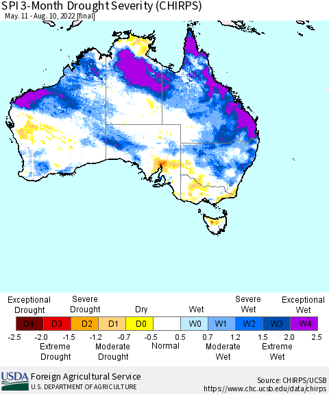 Australia SPI 3-Month Drought Severity (CHIRPS) Thematic Map For 5/11/2022 - 8/10/2022