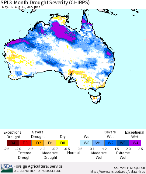 Australia SPI 3-Month Drought Severity (CHIRPS) Thematic Map For 5/16/2022 - 8/15/2022