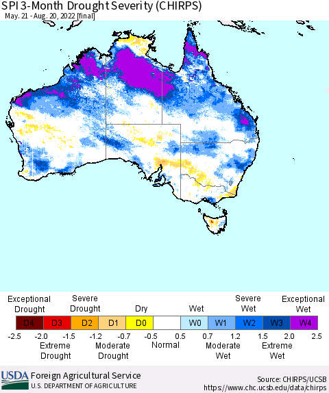 Australia SPI 3-Month Drought Severity (CHIRPS) Thematic Map For 5/21/2022 - 8/20/2022