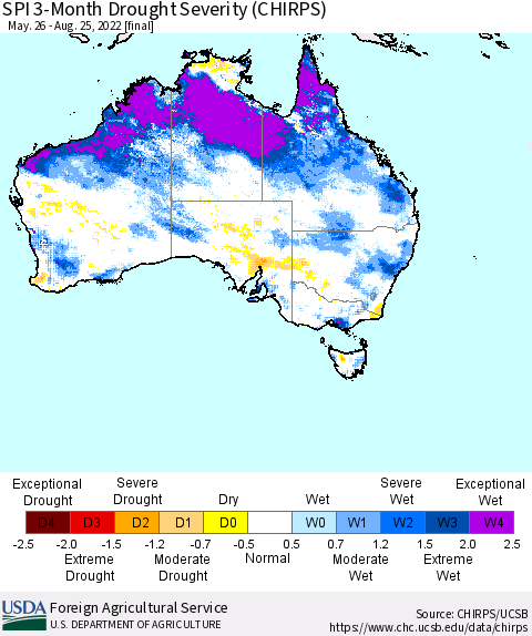 Australia SPI 3-Month Drought Severity (CHIRPS) Thematic Map For 5/26/2022 - 8/25/2022