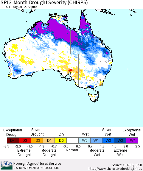 Australia SPI 3-Month Drought Severity (CHIRPS) Thematic Map For 6/1/2022 - 8/31/2022