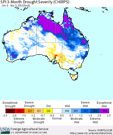 Australia SPI 3-Month Drought Severity (CHIRPS) Thematic Map For 6/6/2022 - 9/5/2022