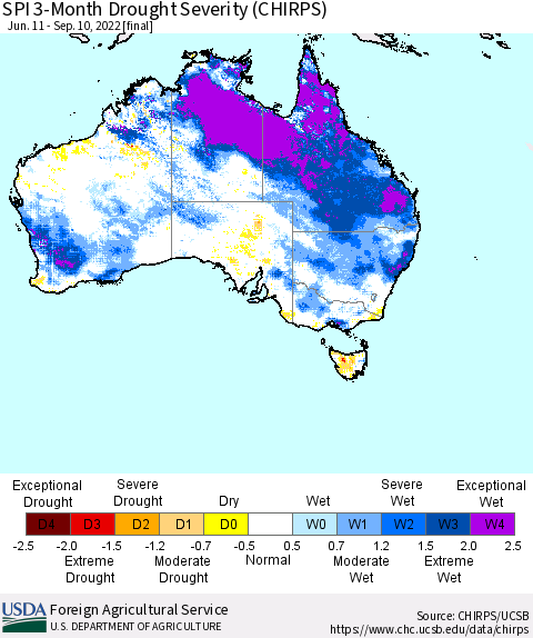 Australia SPI 3-Month Drought Severity (CHIRPS) Thematic Map For 6/11/2022 - 9/10/2022