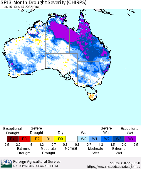 Australia SPI 3-Month Drought Severity (CHIRPS) Thematic Map For 6/16/2022 - 9/15/2022