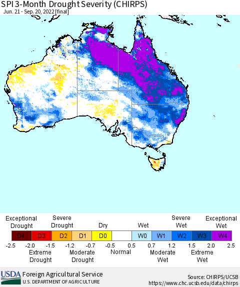 Australia SPI 3-Month Drought Severity (CHIRPS) Thematic Map For 6/21/2022 - 9/20/2022