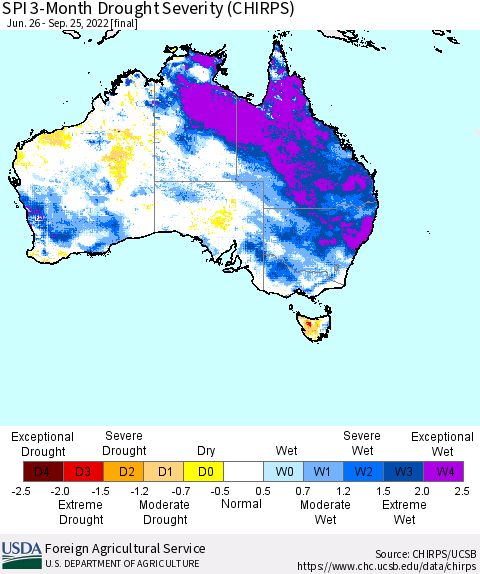 Australia SPI 3-Month Drought Severity (CHIRPS) Thematic Map For 6/26/2022 - 9/25/2022