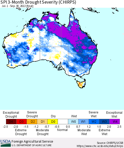 Australia SPI 3-Month Drought Severity (CHIRPS) Thematic Map For 7/1/2022 - 9/30/2022