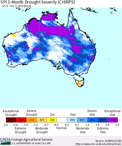 Australia SPI 3-Month Drought Severity (CHIRPS) Thematic Map For 7/6/2022 - 10/5/2022