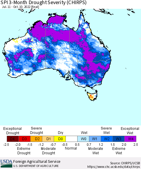 Australia SPI 3-Month Drought Severity (CHIRPS) Thematic Map For 7/11/2022 - 10/10/2022