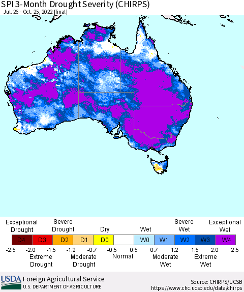 Australia SPI 3-Month Drought Severity (CHIRPS) Thematic Map For 7/26/2022 - 10/25/2022