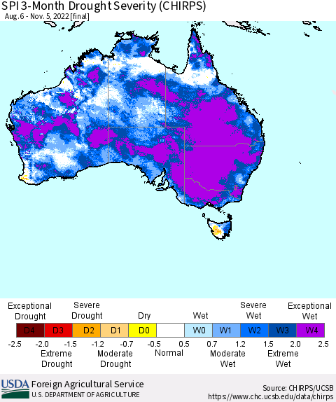 Australia SPI 3-Month Drought Severity (CHIRPS) Thematic Map For 8/6/2022 - 11/5/2022