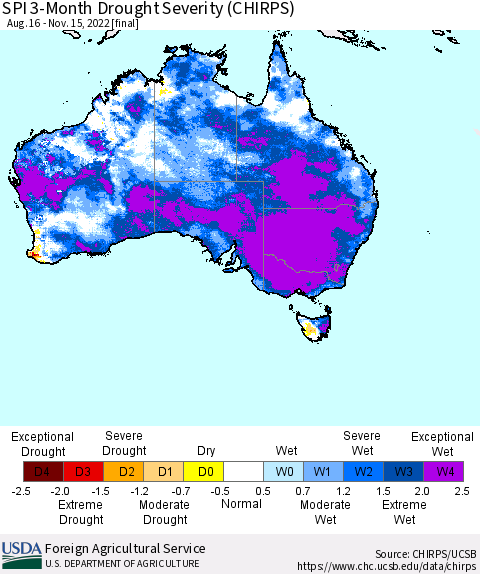 Australia SPI 3-Month Drought Severity (CHIRPS) Thematic Map For 8/16/2022 - 11/15/2022