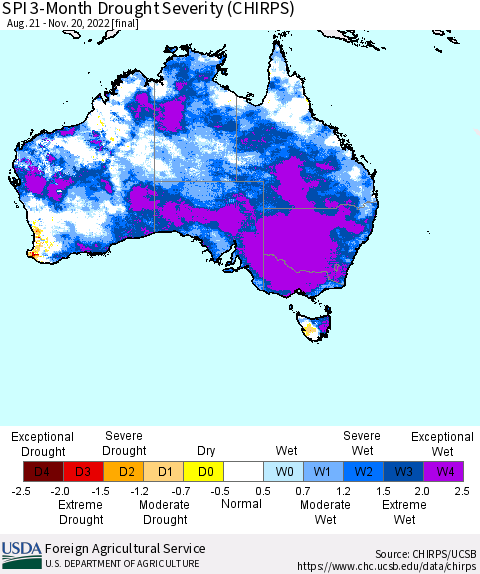 Australia SPI 3-Month Drought Severity (CHIRPS) Thematic Map For 8/21/2022 - 11/20/2022