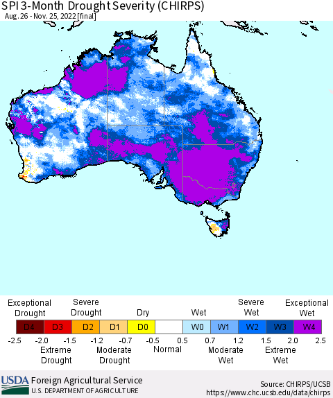 Australia SPI 3-Month Drought Severity (CHIRPS) Thematic Map For 8/26/2022 - 11/25/2022
