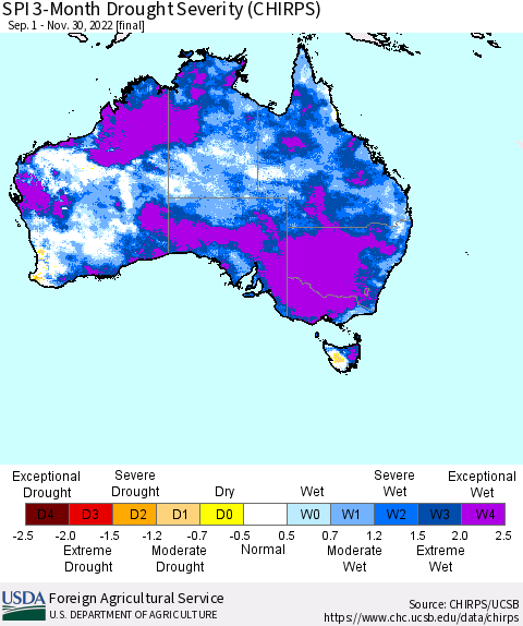 Australia SPI 3-Month Drought Severity (CHIRPS) Thematic Map For 9/1/2022 - 11/30/2022