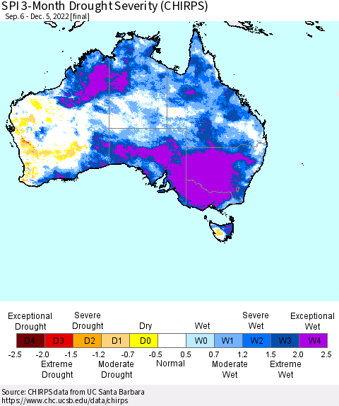 Australia SPI 3-Month Drought Severity (CHIRPS) Thematic Map For 9/6/2022 - 12/5/2022