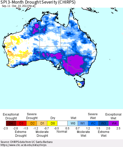 Australia SPI 3-Month Drought Severity (CHIRPS) Thematic Map For 9/11/2022 - 12/10/2022
