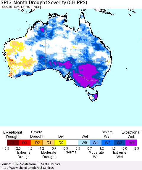 Australia SPI 3-Month Drought Severity (CHIRPS) Thematic Map For 9/16/2022 - 12/15/2022