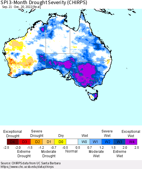 Australia SPI 3-Month Drought Severity (CHIRPS) Thematic Map For 9/21/2022 - 12/20/2022