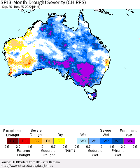 Australia SPI 3-Month Drought Severity (CHIRPS) Thematic Map For 9/26/2022 - 12/25/2022