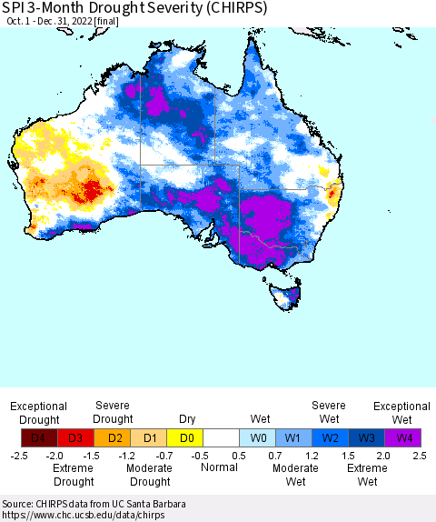 Australia SPI 3-Month Drought Severity (CHIRPS) Thematic Map For 10/1/2022 - 12/31/2022