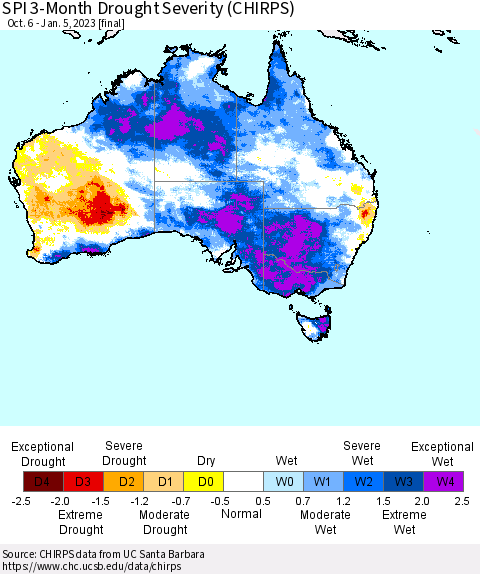 Australia SPI 3-Month Drought Severity (CHIRPS) Thematic Map For 10/6/2022 - 1/5/2023