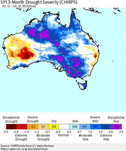 Australia SPI 3-Month Drought Severity (CHIRPS) Thematic Map For 10/11/2022 - 1/10/2023