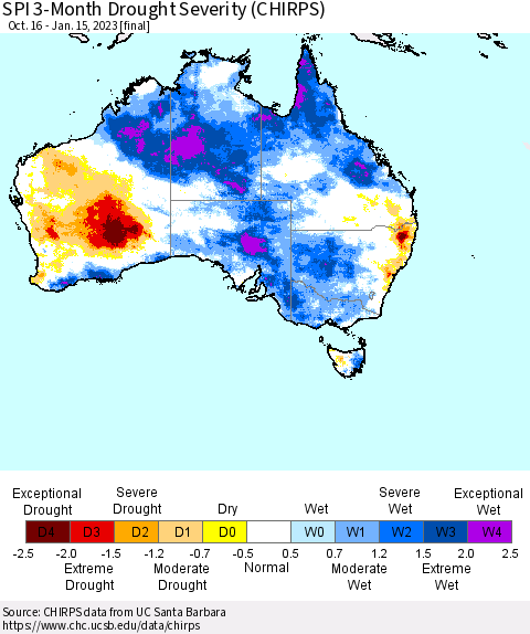 Australia SPI 3-Month Drought Severity (CHIRPS) Thematic Map For 10/16/2022 - 1/15/2023