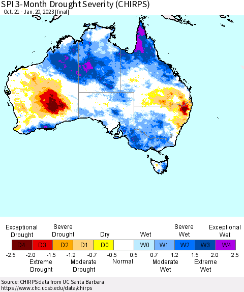 Australia SPI 3-Month Drought Severity (CHIRPS) Thematic Map For 10/21/2022 - 1/20/2023