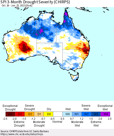 Australia SPI 3-Month Drought Severity (CHIRPS) Thematic Map For 10/26/2022 - 1/25/2023