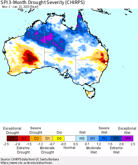 Australia SPI 3-Month Drought Severity (CHIRPS) Thematic Map For 11/1/2022 - 1/31/2023